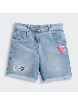 TINY GIRL - Solid Sequins Patch Detailed Denim Shorts- Light Blue