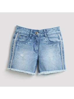 TINY GIRL - Solid Distressed Cotton Shorts Detailed with Lace- Light Blue