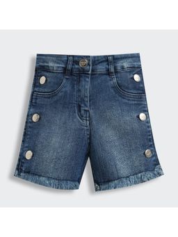 TINY GIRL - Solid Cotton Shorts Detailed with Sliver Button- Dark Blue