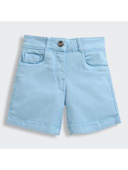 TINY GIRL - Solid Cotton Shorts Brand Name Detailed Sliver Button- Blue
