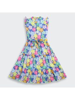 TINY GIRL - Floral Printed Cap Sleeves Detailed Dress- Blue