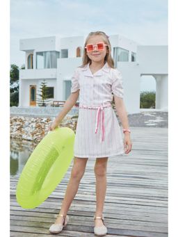 TINY GIRL - Woven Half Sleeves Stripe Printed Dress with Belt- Neon Pink