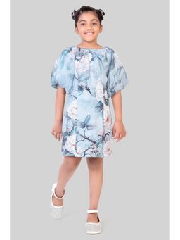 TINY GIRL - Floral Printed Balloon Sleeves Knee Length Dress- Powder Blue