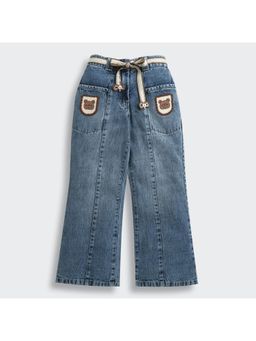 TINY GIRL - Cotton Solid Full Length Jeans Detailed with Belt- Light Blue