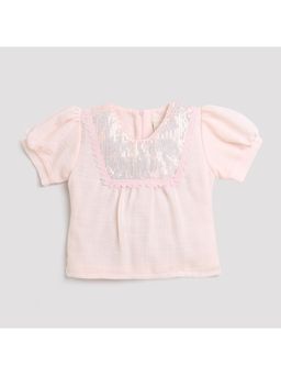 TINY GIRL - Puff Sleeves Sequins with Lace Detailed Top- Peach