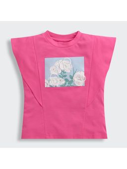 TINY GIRL - Woven Half Sleeves Floral Patch Detailed Top- Hot Pink