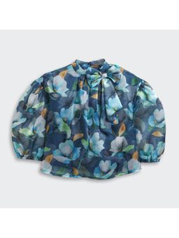 TINY GIRL - Full Sleeves Floral Printed Bow Detailed Top- Blue