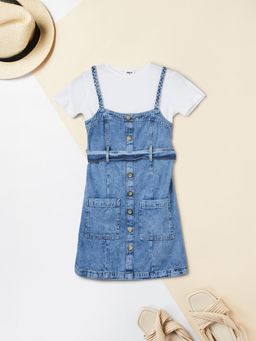 max - Girls Washed Denim Dungaree Dress with T-shirt and Belt