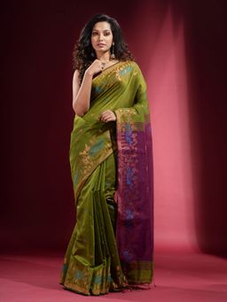 CHARUKRITI - Sap Green with Zari Ethnic Pattern Saree with Unstitched Blouse