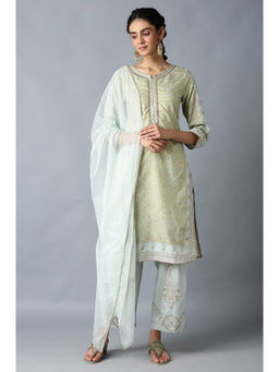 WISHFUL by W - Green Floral Kurta & Straight Pant-dupatta (Set of 3)