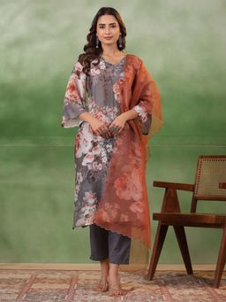 Rangdeep - Floral Regular Beads & Stones Pure Cotton A-Line Kurta With Pant & Dupatta