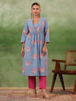 Rangdeep - Floral Thread Work Pure Cotton A-Line Kurta With Pant & Shrug