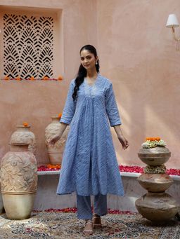 Rangdeep - Stripped Embroidered Sequinned Pure Cotton A-Line Co-Ord Set