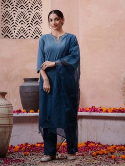 Rangdeep - Gahan Beads & Stones Velvet Straight Blue Kurta With Pant & Dupatta