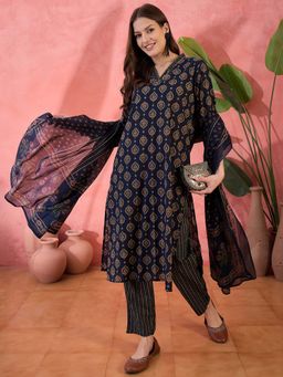 Rangdeep - Women Navy Blue V-Neck Kurta With Pant & Dupatta