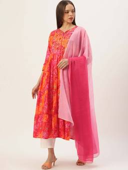 Rangdeep - Ethnic Motifs Print Mirror Work Pure Cotton A-Line Kurta With Pant & Dupatta