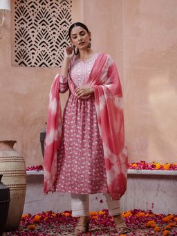 Rangdeep - Gahan Notch Neck Floral Mirror Work A-Line Kurta With Pant & Dupatta