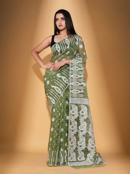 Beatitude - Green Cotton Silk Jacquard Jamdani Saree with Unstitched Blouse