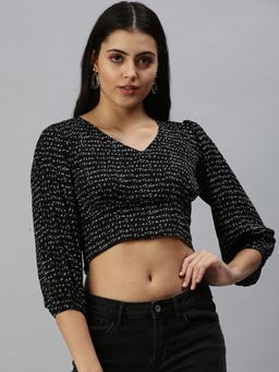 SHOWOFF - Women V-Neck Balloon Sleeves Printed Black Crop Top