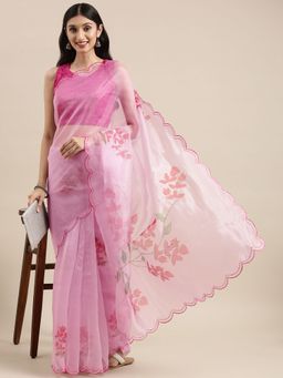 Vastranand - Pink Organza Party Wear Saree With Foil Print Flower Butta with Unstitched Blouse