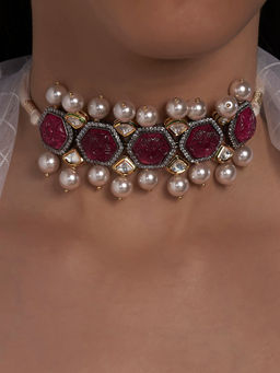 Joules By Radhika - Pink Carved Stones Necklace on Off White Silk Thread