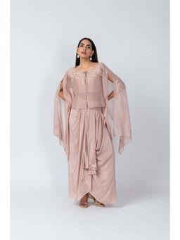 LABEL NAARITI - Pink Embroidered Shanaya Bustier with Cape Top and Skirt (Set of 3)