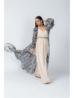 LABEL NAARITI - Beige Printed Qala Jacket with Jumpsuit and Belt (Set of 3)