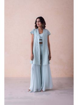 LABEL NAARITI - Blue Embroidered Amari Blouse with Sharara and Jacket (Set of 3)