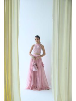 LABEL NAARITI - Pink Embroidered Amara Crop Top with Lehenga (Set of 2)
