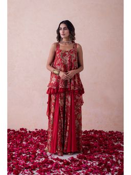 LABEL NAARITI - Red Printed Amina Kurti with Sharara and Dupatta (Set of 3)