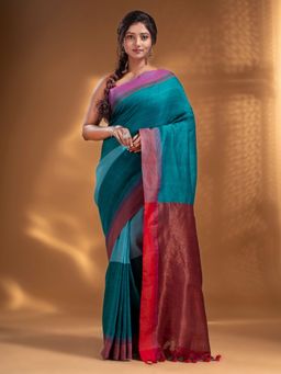 Arhi - Teals Pure Cotton Handwoven Soft Saree with Zari Pallu