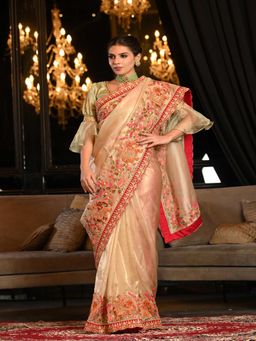 Beatitude - Golden Premium Tissue Embroidery Saree with Unstitched Blouse