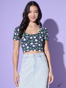 Trend Arrest - Womens Floral Print Scoop Neck Crop Top