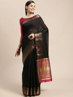 VAIRAGEE - Black and Red Striped Cotton Saree with Unstitched Blouse