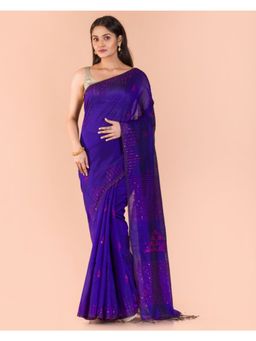 Angoshobha - Blue Handloom Blended Cotton Saree with Unstitched Blouse