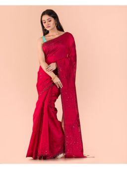 Angoshobha - Red Handloom Cotton Silk Saree with Unstitched Blouse