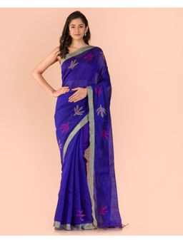 Angoshobha - Blue Blended Cotton Jamdani Saree with Unstitched Blouse