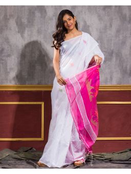 Angoshobha - White Pink Handloom Cotton Silk Jamdani Saree with Unstitched Blouse