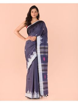 Angoshobha - Blue Grey Handwoven Cotton Saree with Unstitched Blouse