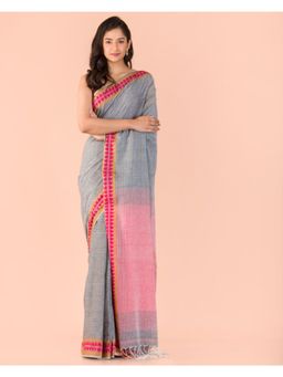 Angoshobha - Grey Handwoven Cotton Saree with Unstitched Blouse