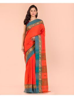 Angoshobha - Orange Handwoven Cotton Saree with Unstitched Blouse