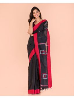 Angoshobha - Black Cotton Jamdani Saree with Unstitched Blouse