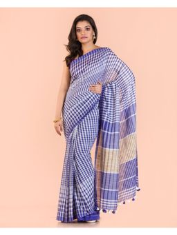 Angoshobha - Blue White Handwoven Cotton Saree with Unstitched Blouse
