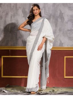 Angoshobha - White Handwoven Cotton Saree with Unstitched Blouse