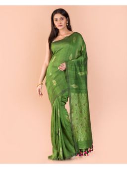 Angoshobha - Parrot Green Handwoven Green Linen with Unstitched Blouse