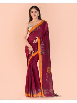 Angoshobha - Maroon Handwoven Linen Saree with Unstitched Blouse