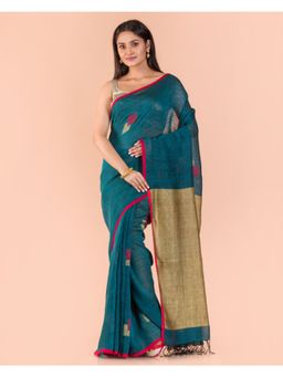 Angoshobha - Teal Green Handwoven Linen Saree with Unstitched Blouse