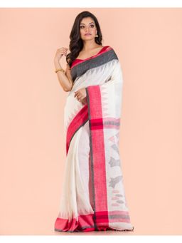 Angoshobha - White Linen Jamdani Saree with Unstitched Blouse
