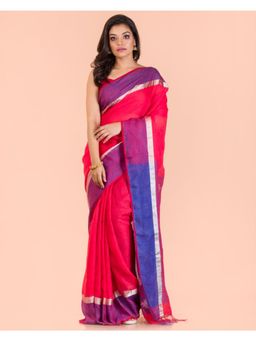 Angoshobha - Rose Red Handwoven Linen Saree with Unstitched Blouse
