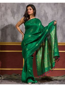 Angoshobha - Parrot Green Handloom Linen Saree with Unstitched Blouse